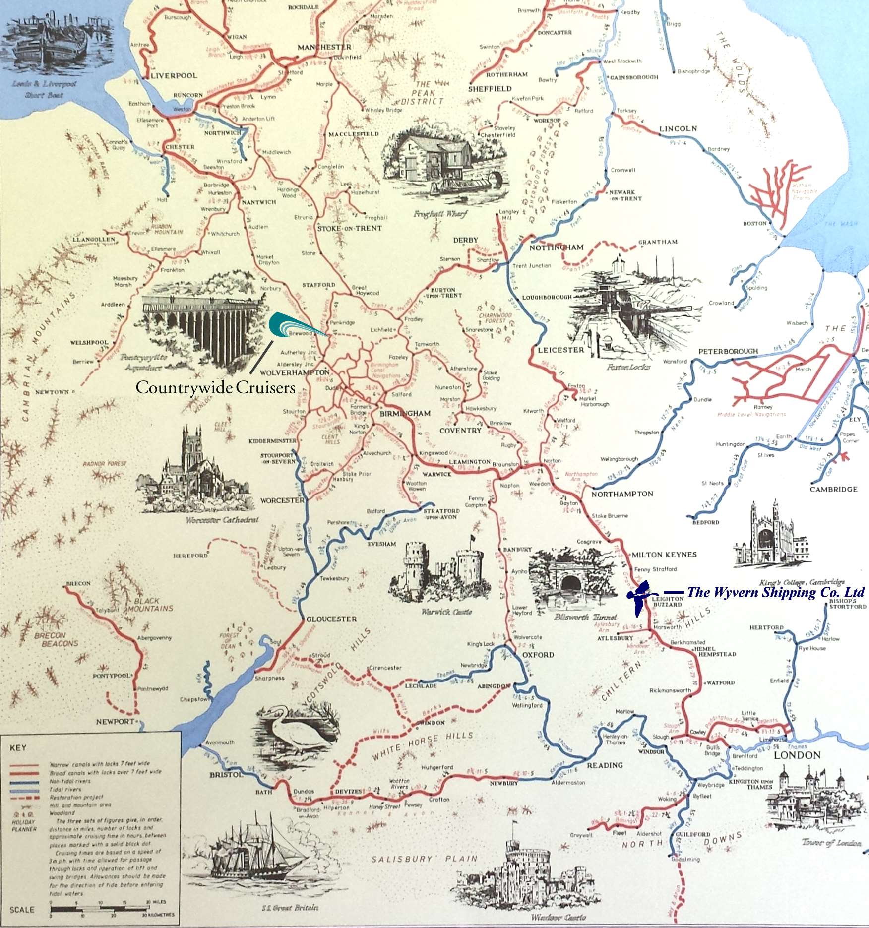 Large South & Midlands of England and Wales Canal and River Map