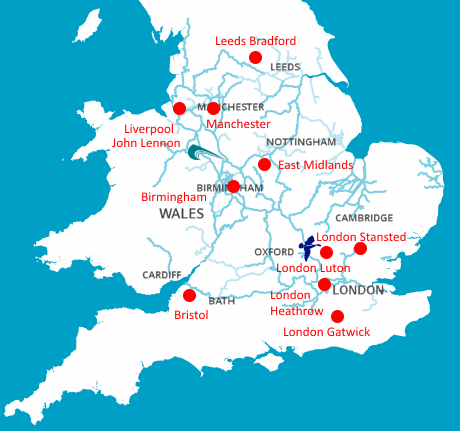 Major Airports around the Canals and Rivers of England and Wales